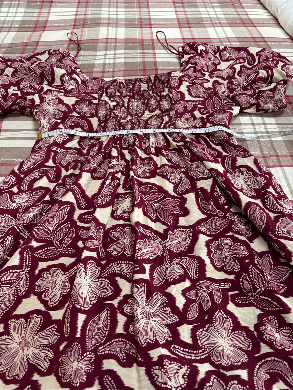 Time and Tru Burgundy and White Floral Puff-Sleeve Mini Dress - Picture 8 of 8